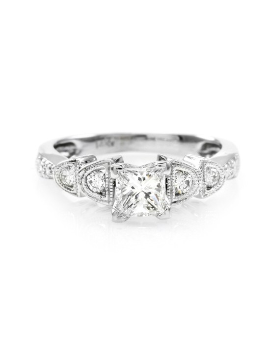 Princess and Round Diamond Milgrain Engagement Ring in White Gold